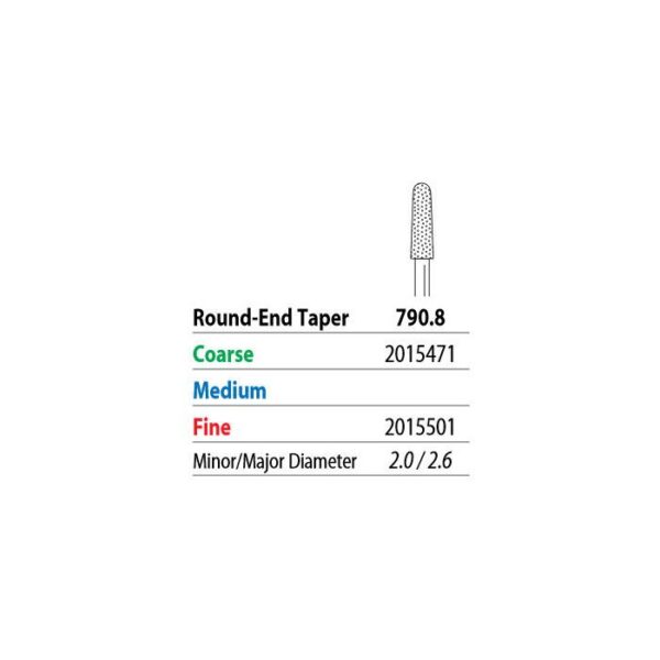 Two Striper FG 790.8 Coarse Diamond Bur Round-End Taper. Pack of 5