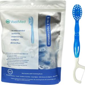 VASTMED Mini Disposable Toothbrushes with Freshing Beads + Floss + Pick + Tongue Scraper Travel Size Individually Wrapped Soft | Extra Mint | Travel Set