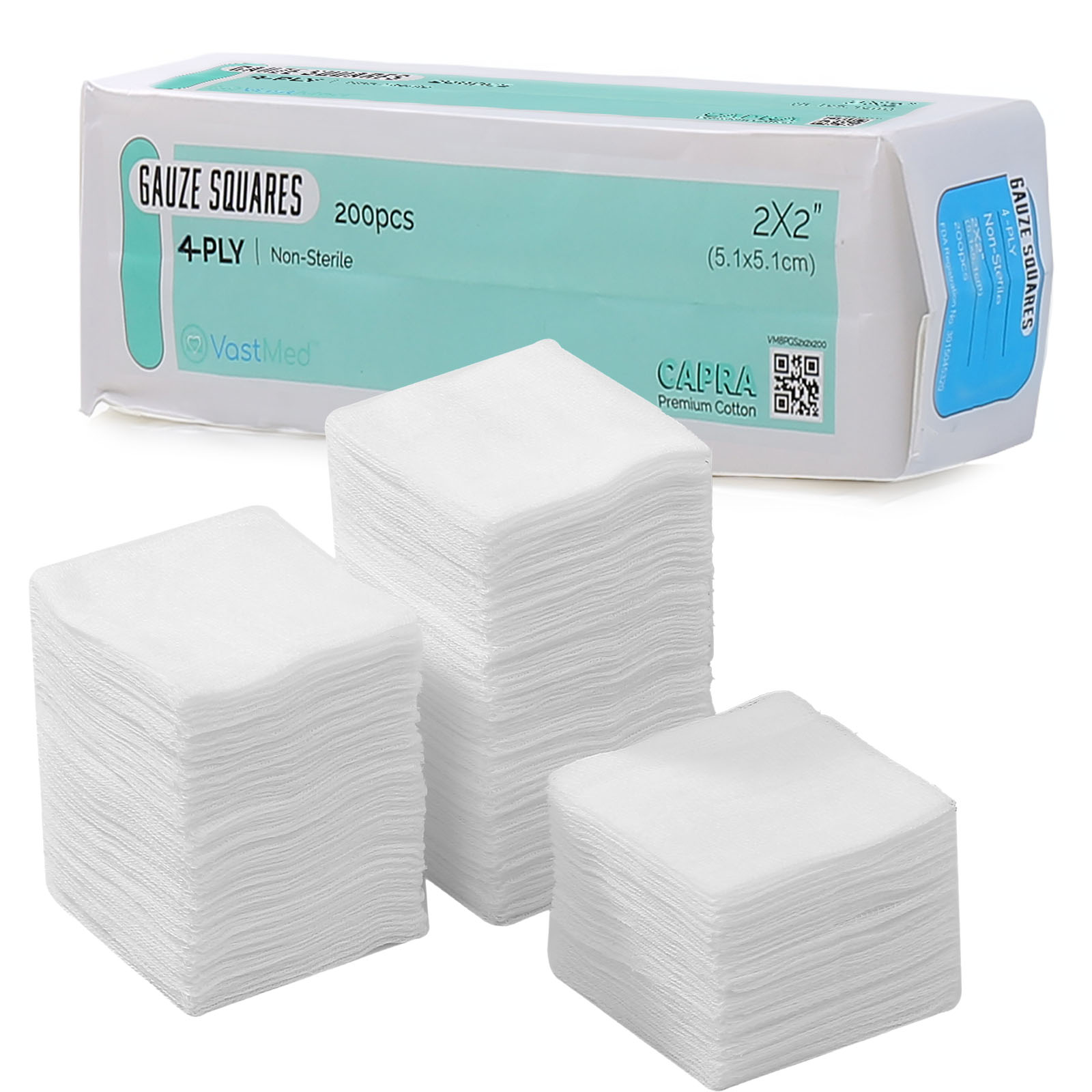 Capra Cotton Gauze Pads by VASTMED | Disposable and Individually Wrapped Medical Gauze Pads | Sterile Medical Wound Dressing Sponges for Cleaning