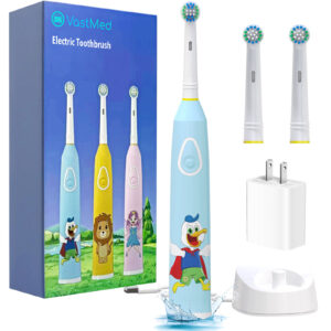 VASTMED Rotating Kids Electric Toothbrush with 2 Brush Heads | IPX7 Cartoon Kids Electric Toothbrushes 3 Modes Rechargeable Toothbrush | 1 USB Charger with Charger Block