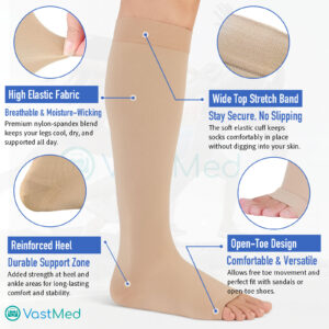 Medical Compression Socks 15-20 mmHg by Vastmed | Knee High Open toe Compression Stockings for Varicose Vein Swollen Legs Travel Flights Pregnancy - M