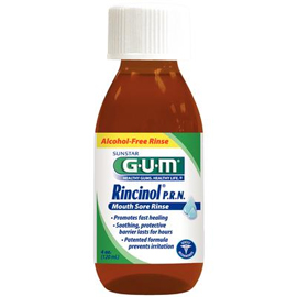 Rincinol P.R.N. Mouth Sore Rinse 4 oz. Bottle. Bio-adherent mucosal coating
